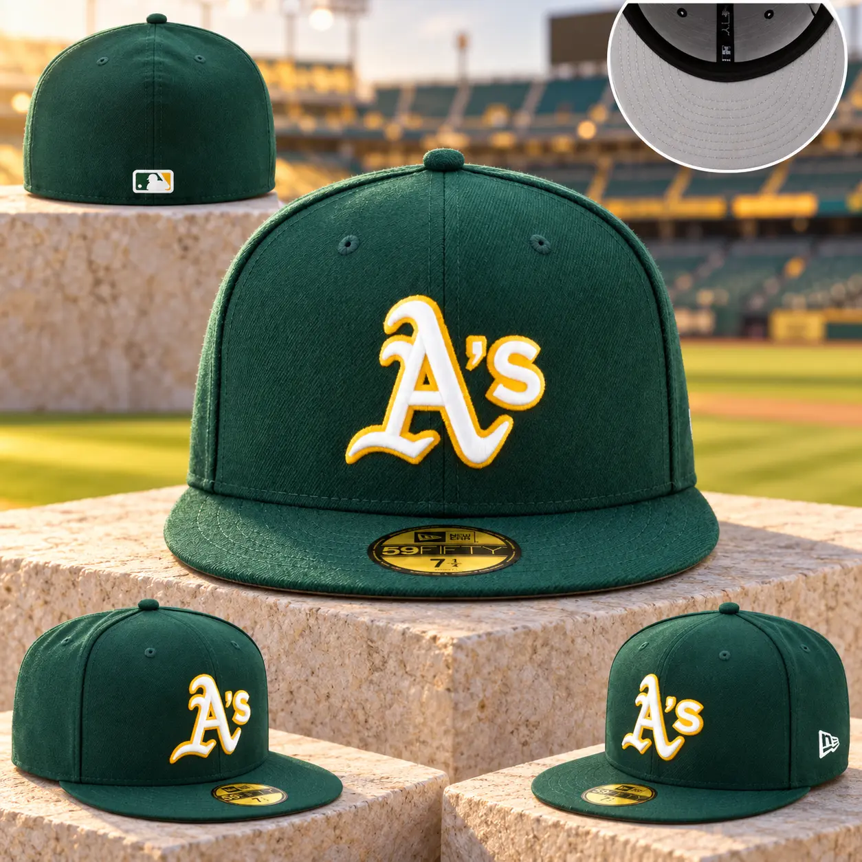 Oakland Athletics A’s Dark Green Fitted Baseball Hat – White & Gold Embroidered Logo, Flat Brim Unisex Streetwear Cap
