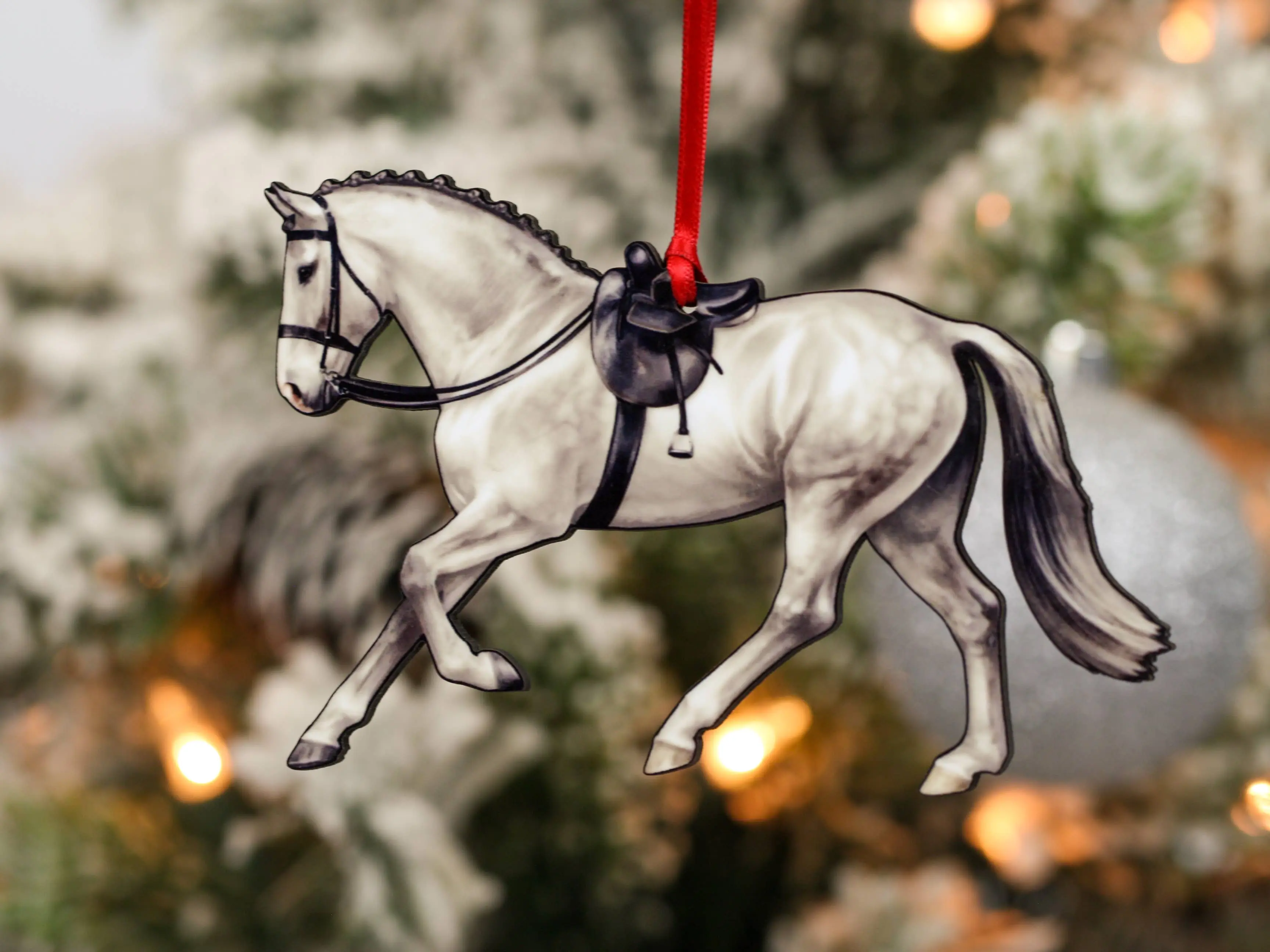 Gray Horse Christmas Decoration - Side Saddle Horse Ornament for Holiday Decor
