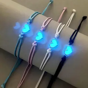 New Four-Pack Luminous Heart-Shaped Night Light Lucky Knot Woven Bracelet for Couples and Lovers Adjustable 16-28cm Polyester Hand-Woven