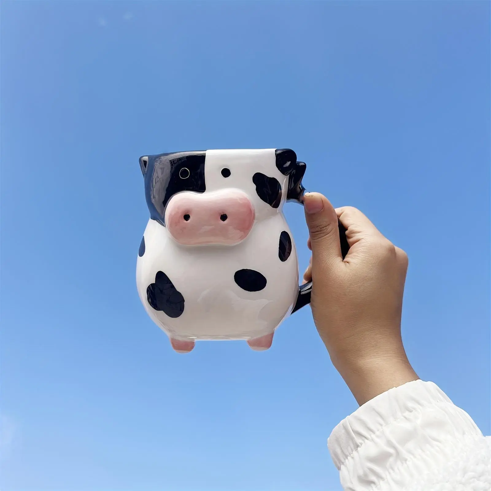 1pc Handmade Cute Cow-Print Ceramic Tumbler Cup with Handle, 585ml/20oz Reusable Washable Bathroom Mug, Home Bathroom Supplies Exquisite Birthday Gift for Coffee, Milk, Cow Ceramic Cup