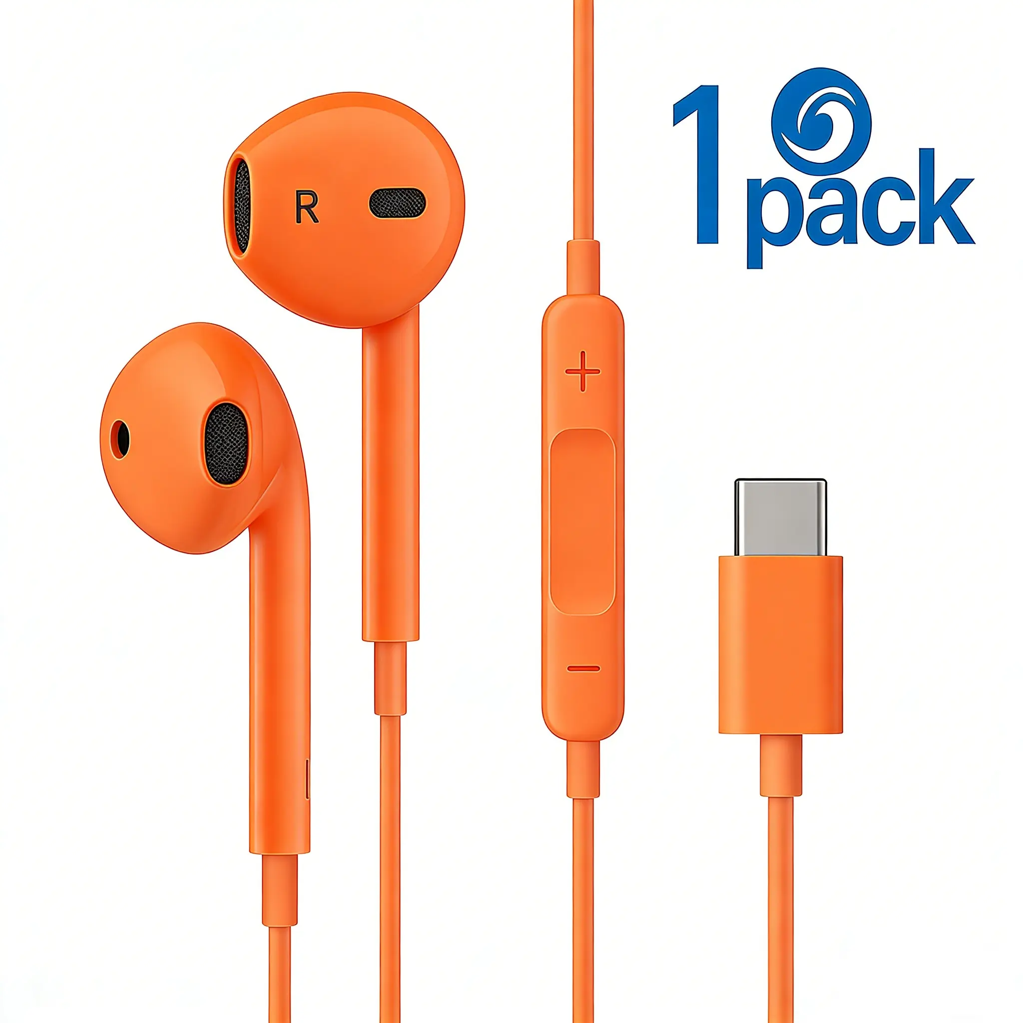 Orange/1 Pack USB C Headphones for iPhone 17/16/15 Pro Max Plus, Wired Earbuds with Mic & Remote Control, Noise Cancelling, Wired Earphones