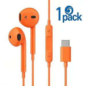 Orange/1 Pack USB C Headphones for iPhone 17/16/15 Pro Max Plus, Wired Earbuds with Mic & Remote Control, Noise Cancelling, Wired Earphones