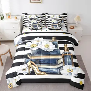 Feelyou 7-Piece Quilt Bedding Set - Women's Modern Chic Floral Comforter with Sheets, Navy Blue Book and Perfume Accents, Queen Size Option