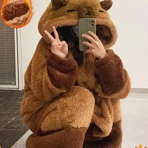 Women's Winter Coral Fleece Capybara Sleepwear & Bathrobe Set, Cute Cartoon Style Hooded Pajamas, Thickened Plush Loungewear, Bear