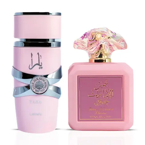 Yara by Lattafa & Pink Blush Shams Al Emarat Khususi by Ard Al Zaafaran - Eau de Parfum Sprays 100ml (3.4 oz) (Bundle) - Sweet Creamy Women’s Perfume Set