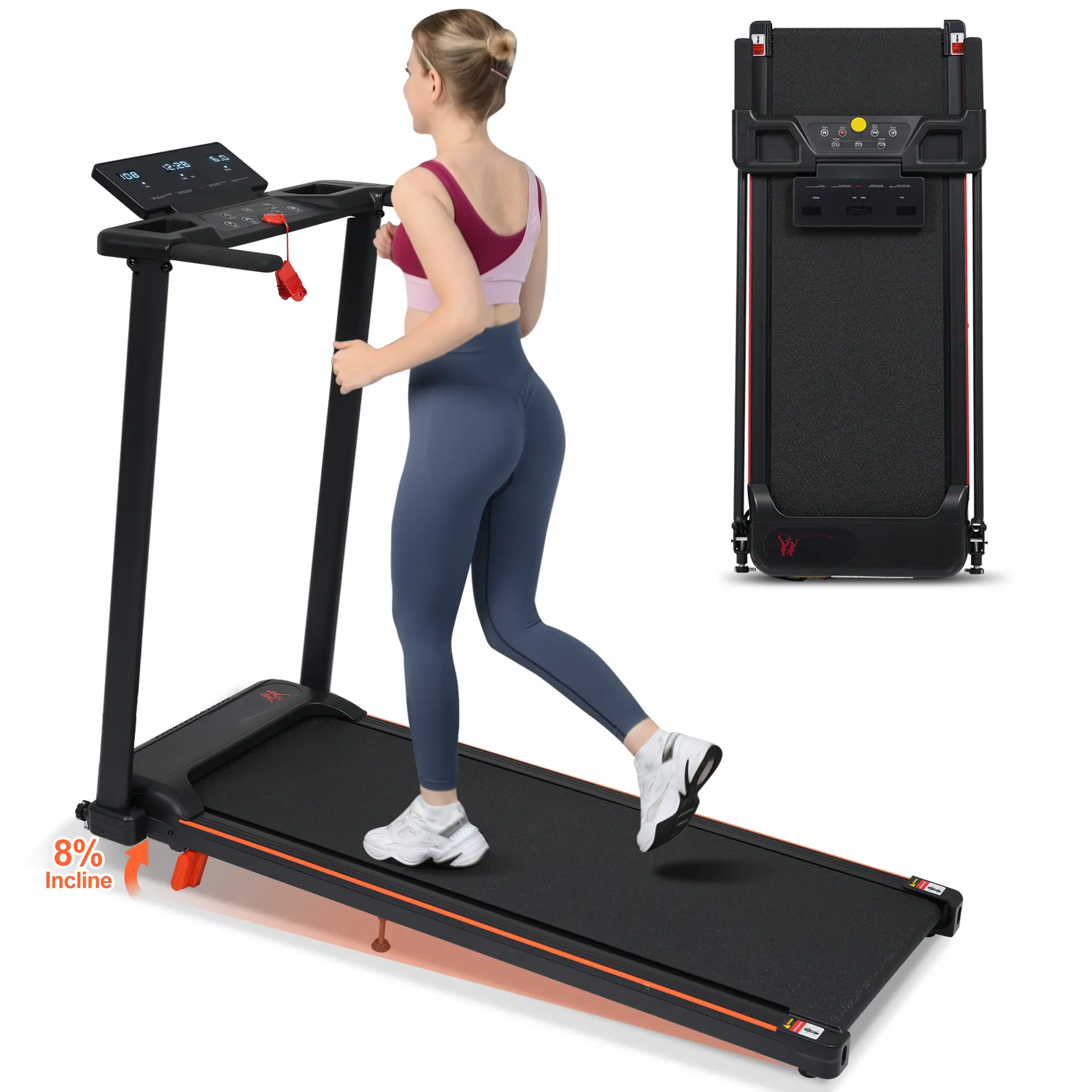 Folding Walking Pad Treadmill with Handle, 8% Incline, 1–8 MPH, 265 lbs Capacity, 3.0HP, 12 Programs, 3 LED Displays, Storage Tray, 7-Layer Belt