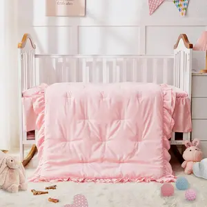 Girl Crib Bedding Set, 3-Piece Crib Comforter Set for Girls, Boho Ruffle Pink Nursery Bedding Set Include Crib Comforter, Crib Fitted Sheet and Crib Skirt, Pink