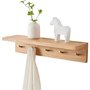 Oak Wood Peg Shelf, 20 Inch Wall Mounted Coat Rack with 5 Peg Hooks, Floating Entryway Peg Shelf for Clothes, Hats, Towels, Purse, or Robes