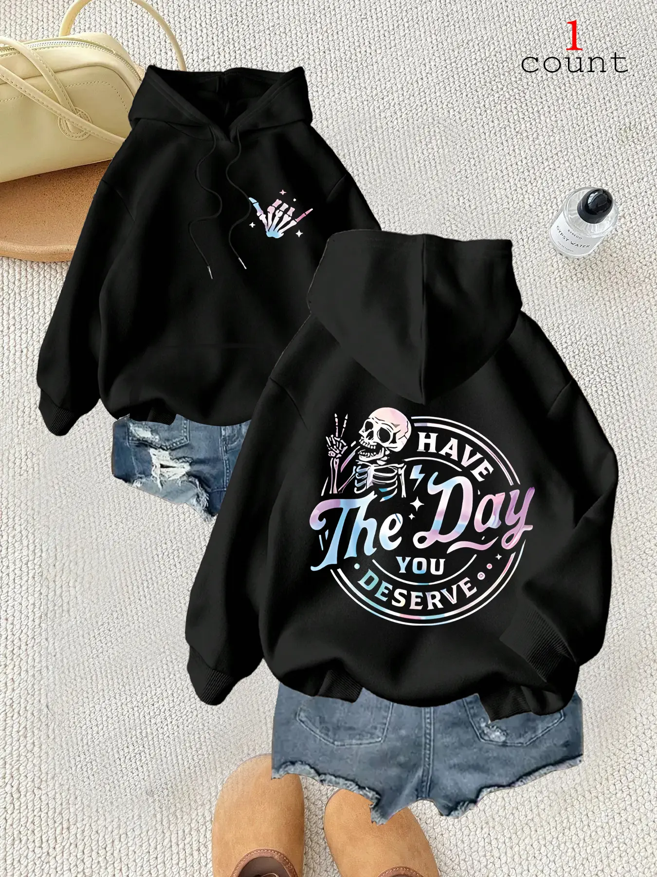 Women's Halloween Skull Hoodie, Long Sleeve Fleece Lined, Drawstring Adjustable, Casual Loose Fit, Fashionable Graphic Design, Sweatshirts, Tops, Womenswear, Drippy Skull Hoodie, Graphic Hoodies