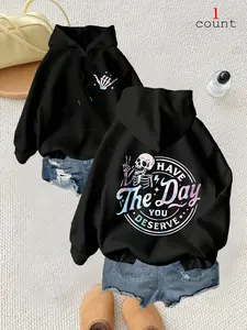 Women's Halloween Skull Hoodie, Long Sleeve Fleece Lined, Drawstring Adjustable, Casual Loose Fit, Fashionable Graphic Design