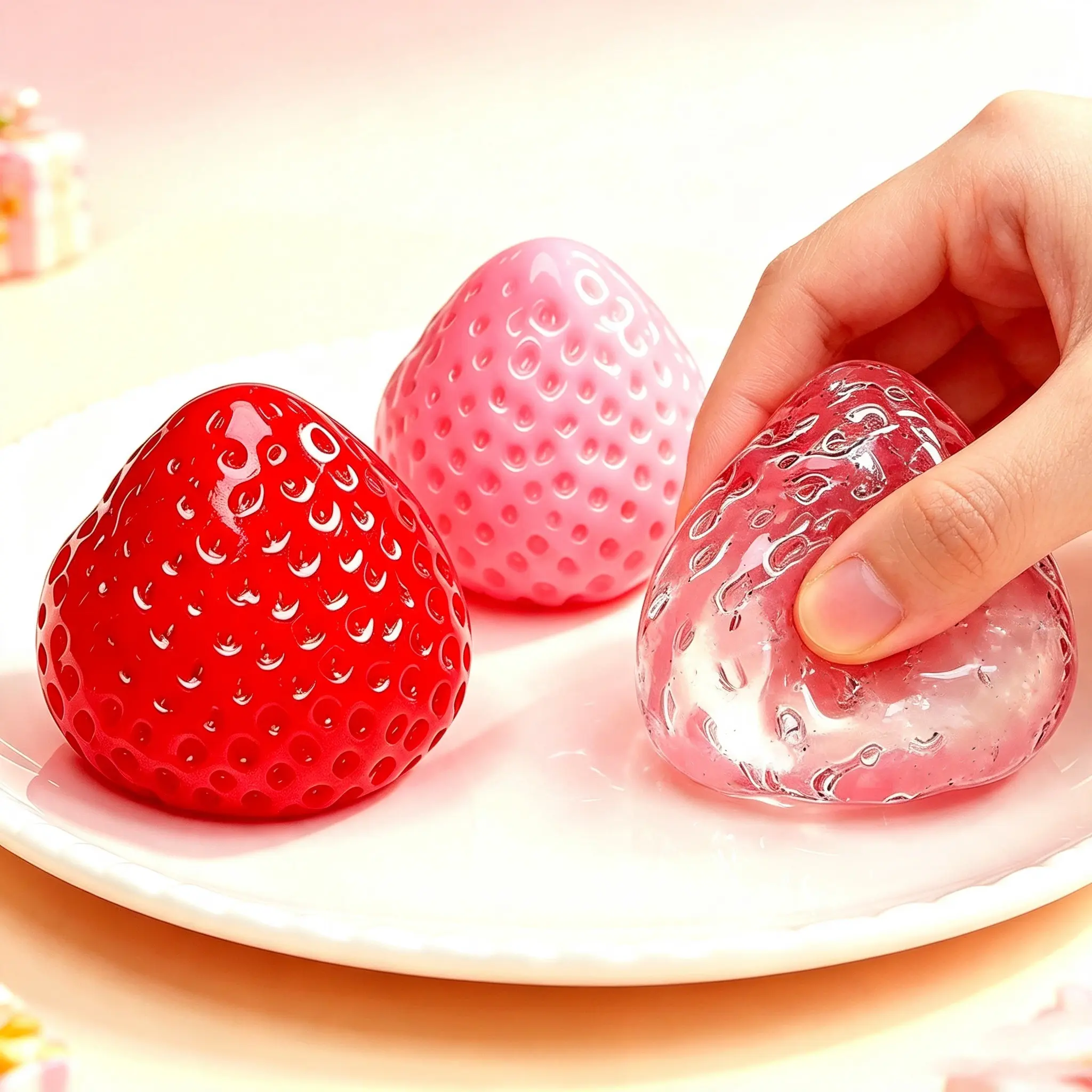 3 Pack Strawberry Squeeze Stress Balls, Cute Fruit Slow Rebound Fidget Toys, Transparent Sticky Sensory Squishy Pressure Toys, Anxiety Relief Finger Squeeze Toy, Perfect Gift for Valentine's Day Birthday Thanksgiving Party