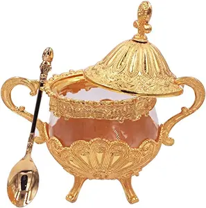 Sugar Bowl with Lid and Spoon for Kitchen Coffee Bar and Wedding Party,Metal and Glass Sugar Container for Sugar Cube and Powder Sugar,Spice Condiment Container,Salt Server,Gold