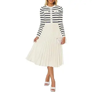 ZESICA Womens Long Sleeve Striped Midi Dresses Crewneck Button Ribbed Knit Pleated A Line Swing Sweater Dress