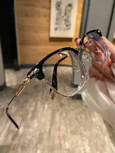 Gothic Luxury Browline Blue Light Blocking Glasses, Handcrafted Vintage Cross Carved Frames, Elegant Semi-Rimless Computer Glasses for Women, Retro Aesthetic Fashion Eyewear，Stylish Clear Lens Eyeglasses for Office Work. Premium Lightweight Optical Frame