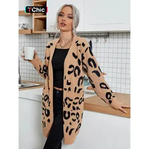 Women's Leopard Print Knit Cardigan, Vintage Slimming V Neck Long Sleeve Sweater Coat, Casual Lazy Style Pullover Outerwear Knitwear