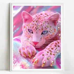 Cartoon Pink Leopard Pattern DIY Diamond Art Painting Kit without Frame, DIY 5D Diamond Art Painting Kit, Wall Art Decor for Home Living Room Bedroom, Handcraft