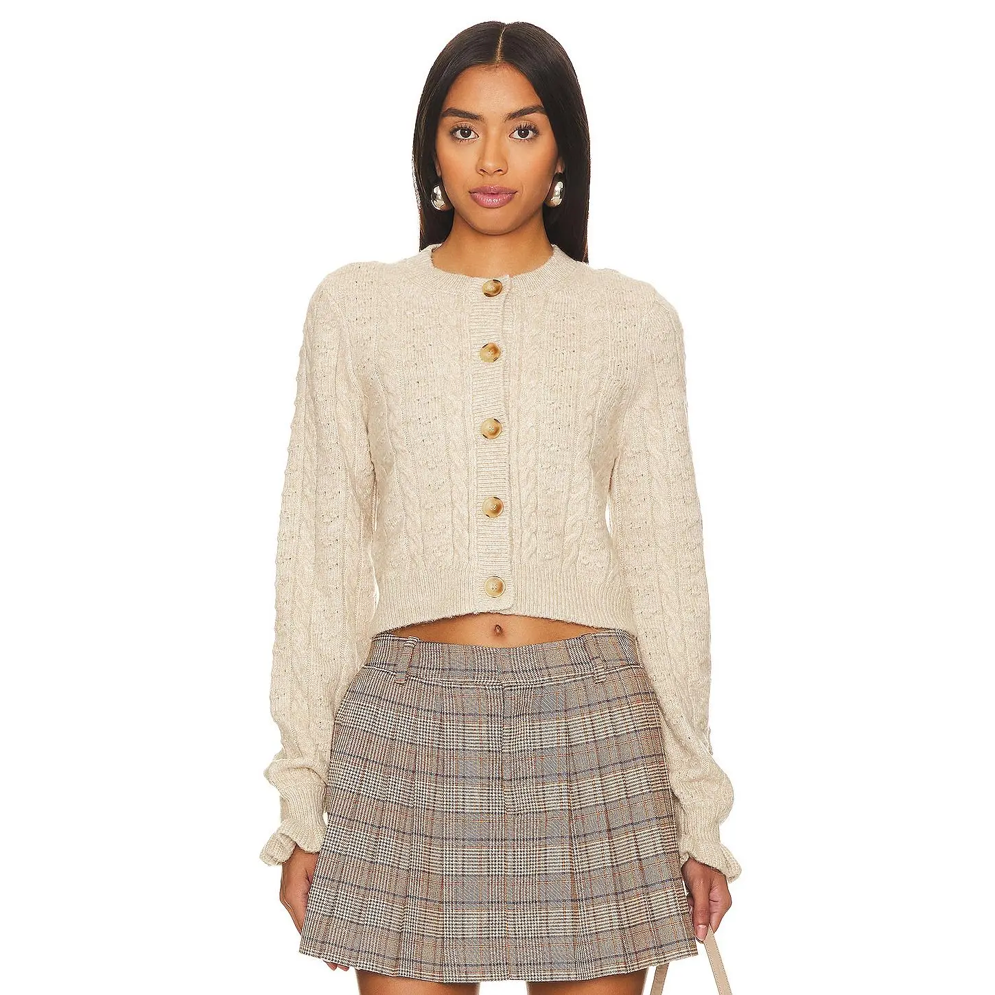 Tularosa Palmira Cropped Cable Cardigan in Beige