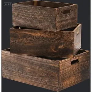 Set of 3 Natural Wood Nesting Crates with Handles, Rustic Farmhouse Storage Containers for Home Decor, Handmade Solid Wood Baskets, Decorative Organizer Boxes for Shelves Wooden Cutout Decoration Kitchen Pack Ornaments
