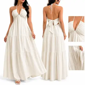 Women’s Sleeveless Halter Neck Maxi Dress, Flowy A-Line Summer Dress for Beach Vacation and Party