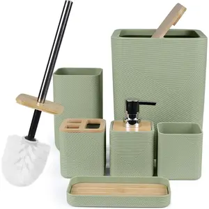 6 Piece Bamboo Bathroom Accessories Set, Includes Soap Dispenser, Toothbrush Holder, Toothbrush Cup, Soap Dish for Decorative Countertop, Ideal Housewarming Gift (Green)