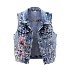 Women's denim vest jacket new autumn embroidered bead sleeveless retro hole jeans vest jacket women's top vest vest