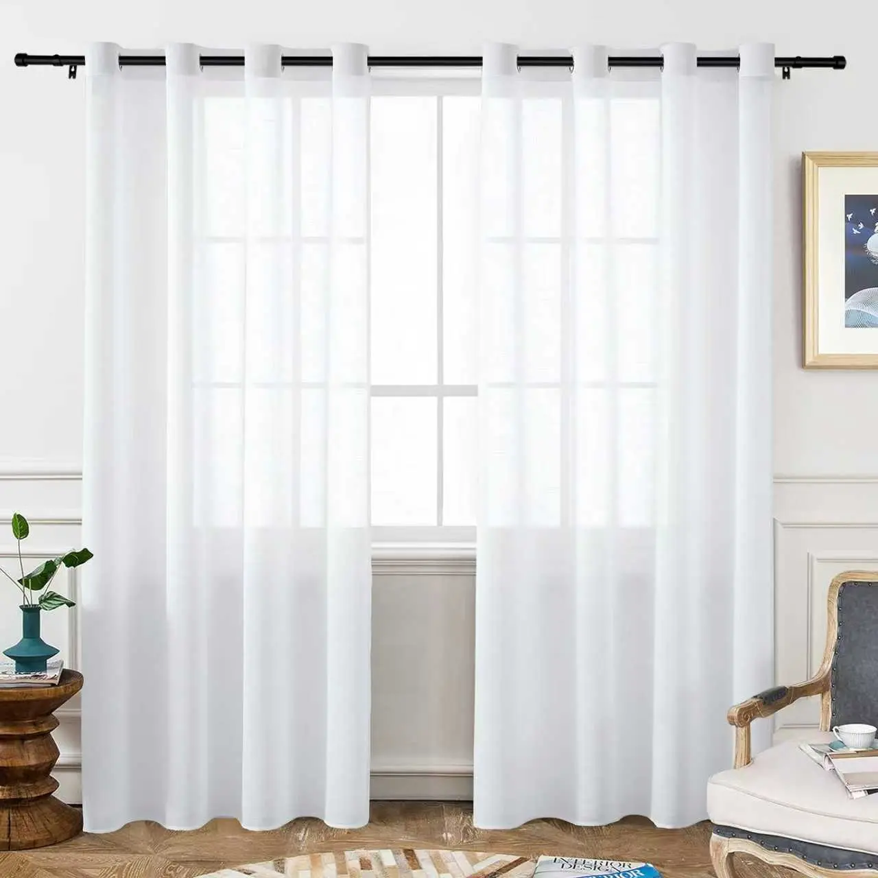 2PC White Semi-Transparent Sheer Grommet-Top Window Curtains, Airy Gauze Light-Filtering Textiles, Living Room Decor Accessory, W52 x L84 Each