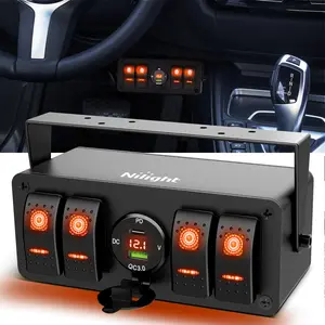 Nilight 4 Gang Rocker Switch Box 12V SPST ON Off Toggle Switches PD Type C and QC 3.0 USB Sockcet Voltmeter Orange LED Light Waterproof Aluminum Mount Bracket Panel DIY Stickers for Boat Car RV Truck