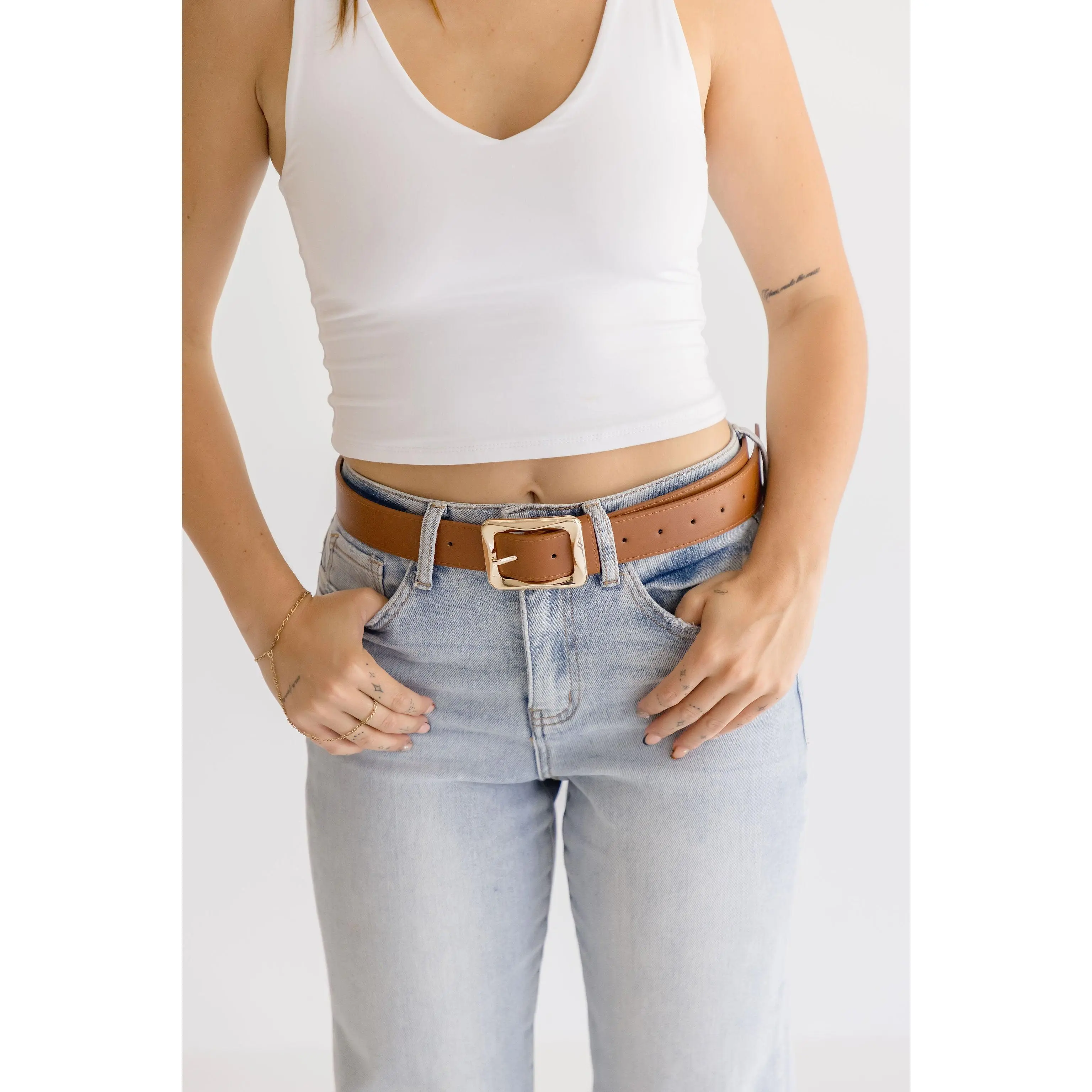 Diana Rectangle Metal Buckle Vegan Leather Belt Cognac