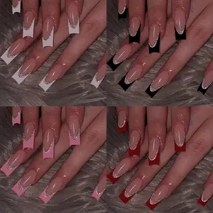 96pcs Medium Square Acrylic Nail Tips Set, Glossy Finish, French Heart Design, Includes Storage Box, Perfect for Women and Girls