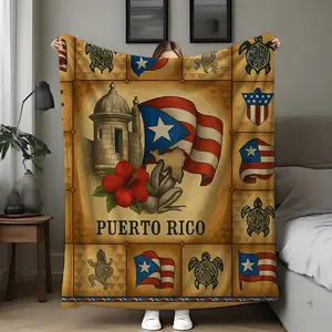 Vibrant Polyester Flannel Blanket Puerto Rico Themed Comfort Blanket for Indoor and Outdoor Use, Warm Portable Office Nap Blanket with Cultural Pattern, Soft Woven Structure, Comfortable Throw for All Seasons