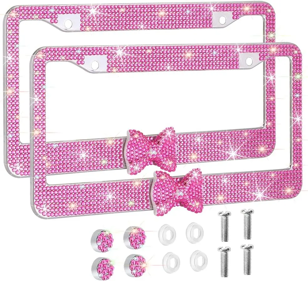 2 Pack Bling License Plate Frame with Ribbon Bow Handcrafted Shiny Rhinestones Premium Stainless Steel 2 Holes License Plate Holder with Anti-Theft Screws Caps Set Pink Pink Bowtie