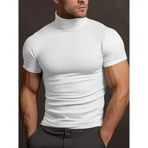 Men's Solid Color Stretchy Short Sleeve Turtleneck Sports T-shirt For Summer Casual Comfy Slim Training Tops As Gift Athletic Fashion RE183632