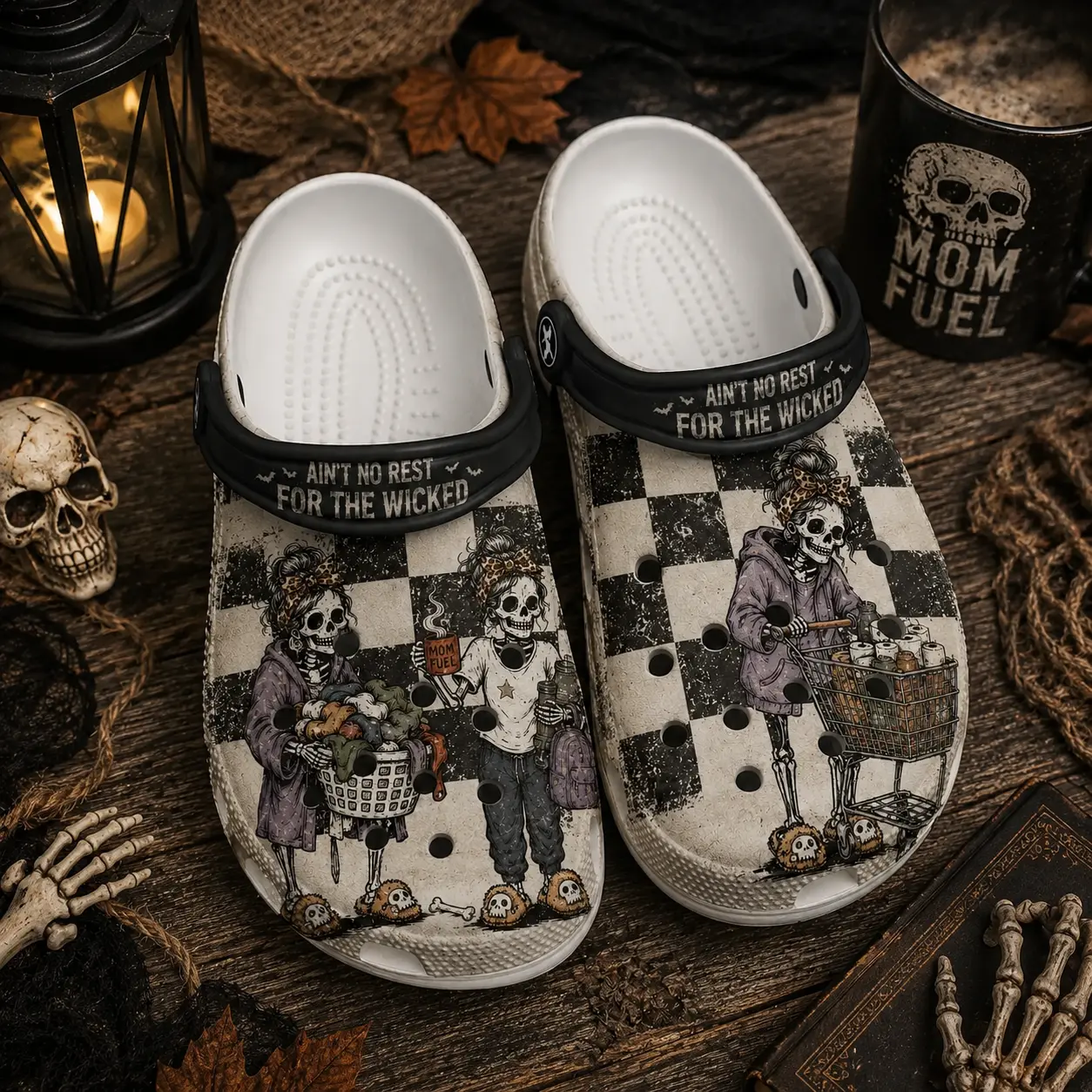 Skeleton Mom Graphic Clogs, Spooky Mom Life Clog Shoes, Checkerboard Print Casual Slip-On Footwear, Lightweight Comfortable Clogs, Halloween Mom Gift