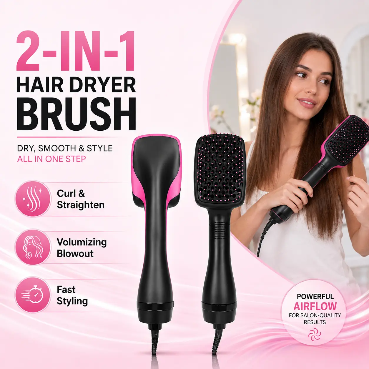 2-in-1 Hair Dryer Brush, Hot Air Brush for Curling & Straightening, Volumizing Blow Dryer Brush for Fast Styling#SummerVibes