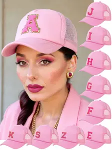 Pink Mesh Trucker Hat with A-Z Chenille Letters for Women - Adjustable Snapback Cap, Trendy Initial Baseball Cap for Daily & Street Style
