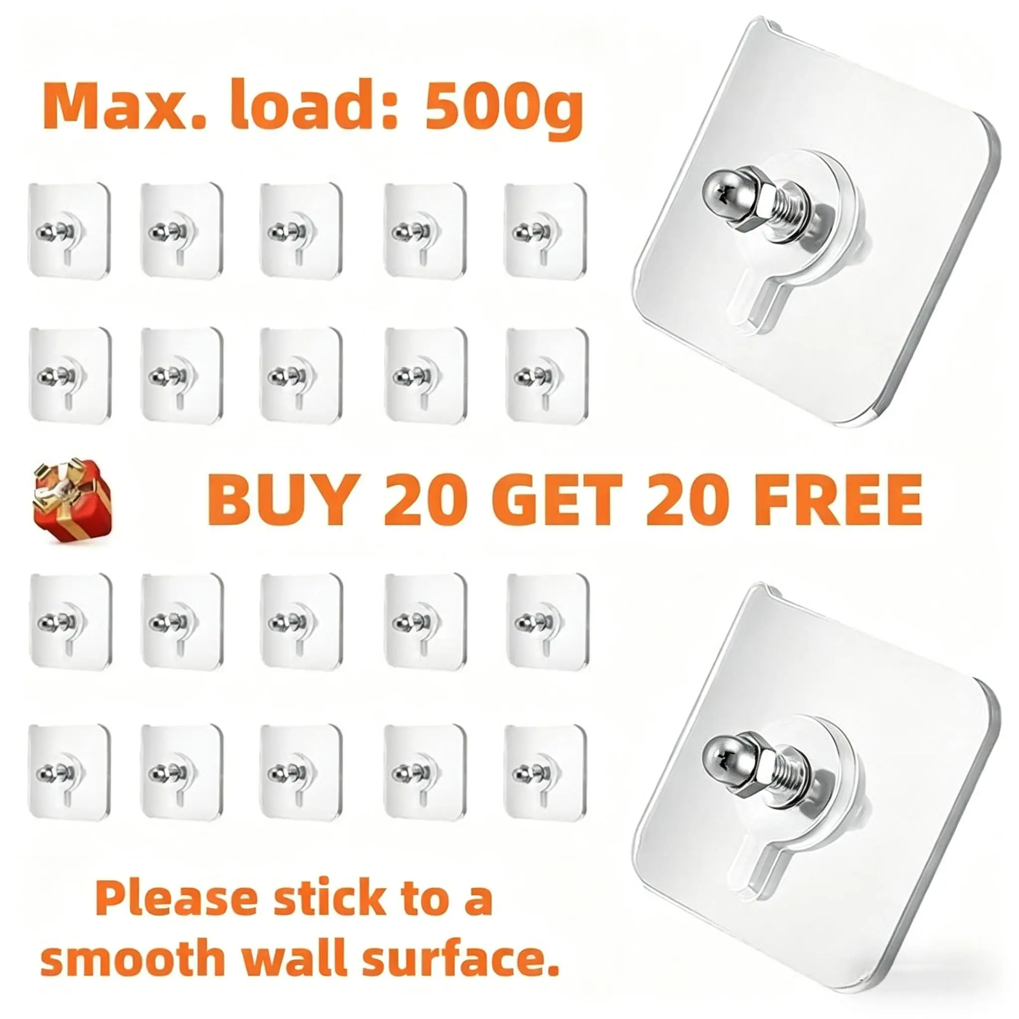 Stainless Steel Adhesive Hooks & Rails (40 Pieces per Pack, Buy 20 Get 20 Free) - Acrylic, Durable, No-Nail Nailless Install Self-Adhesive Hangers with High-Strength Glue for Kitchen, Bathroom Home Organization