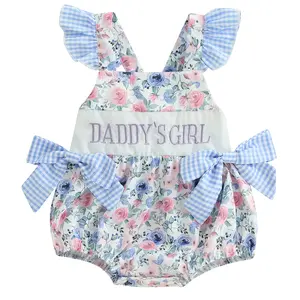 PVBCVRRD Newborn Baby Girl Cute Fathers Day Daddys Girl Outfit Fly Sleeve Flower Print Bow Romper Infant Onesie Bodysuit Summer Clothes
