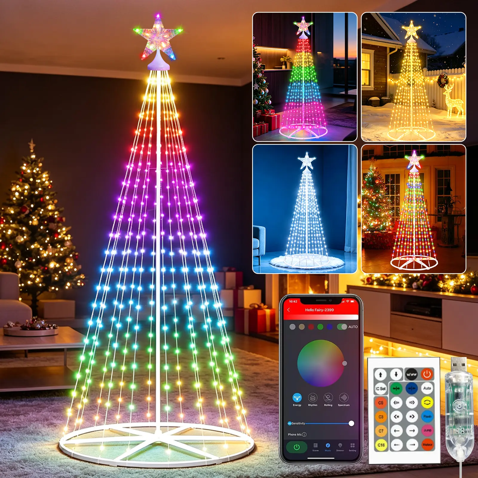 6.23FT Christmas Tree Shaped LED Light with Star Topper, RGB Color Changing Holiday Decor, App & Remote Control, Music Sync USB Powered IP65 Waterproof