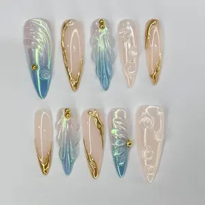 Mermaid Dreams with Gold & Iridescent | 3D Fake Nails in Long Almond | Handmade Nail Art for Holiday, Vacation, Birthday