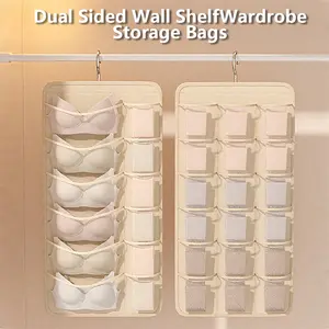 Double-Sided Hanging Closet Organizer，Bra and Underwear Closet Hanging Organizer with 12+18 Pockets Beige Dual Sided Wall Shelf Wardrobe Storage Bags for Bra Socks Underwear Underpants Lightweight & Durable Mesh Pockets