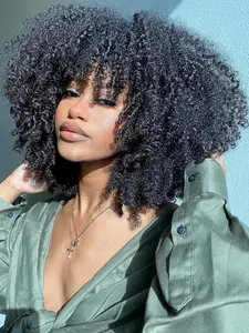 Short Kinky Curly Wig With Bangs For Black Women Curly Afro Wigs Curly Bob Wig 14 Inch Afro Hair Synthetic Fibre Glueless for Daily and Cosplay