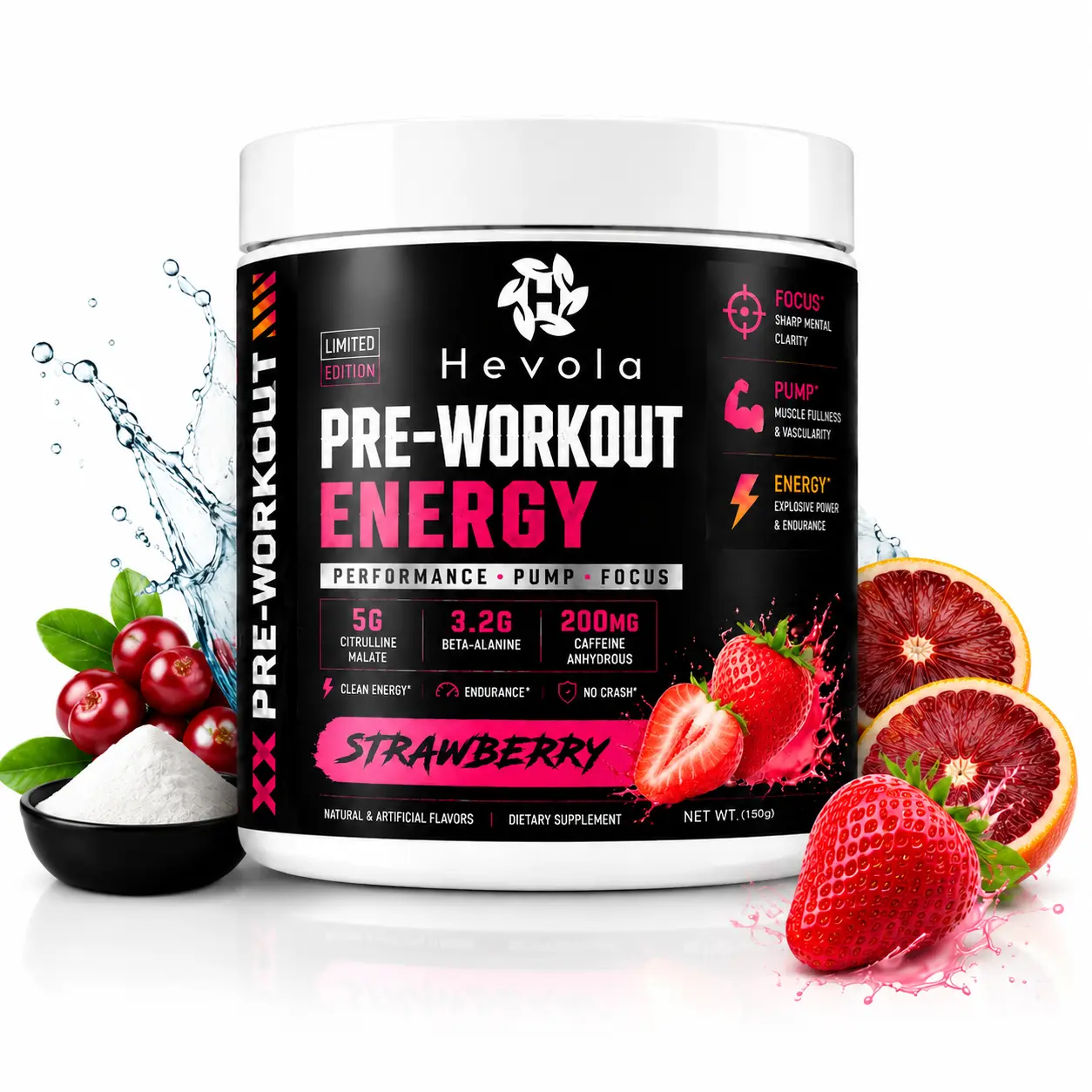 Pre Workout Powder Supplement, Peach Strawberry Flavor, 30 Servings, 200mg Caffeine Per Serving, Energy Boost & Workout Support Formula with Citrulline Malate, Beta Alanine for Men and Women