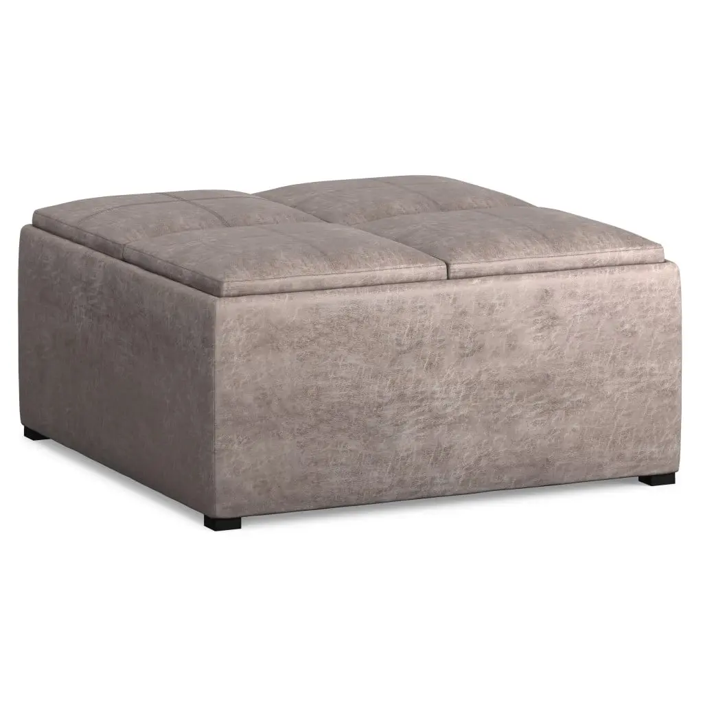 360 Stand Large Square Contemporary Single-Seat Gray & Black Leather Cocktail Ottoman Footstool with Storage, Upholstered Storage Organizer, 18.90x35x35 in, Upholstered Storage Ottoman