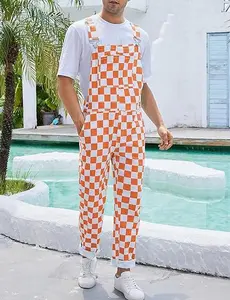 OPDNBON Checkered Overalls Stretch Denim Football Game Day Outfit | Halloween Christmas Fall Festival Fashion Jumpsuit Bib Coveralls Menswear
