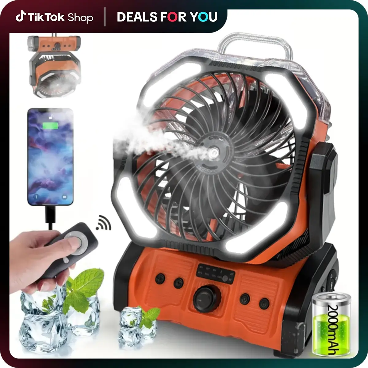 4 LED Light Rechargeable Camping Misting Fan Portable Multi-functional Fan with 360° Rotating stroller Hook, Oscillating Emergency Camping Fan Cordle