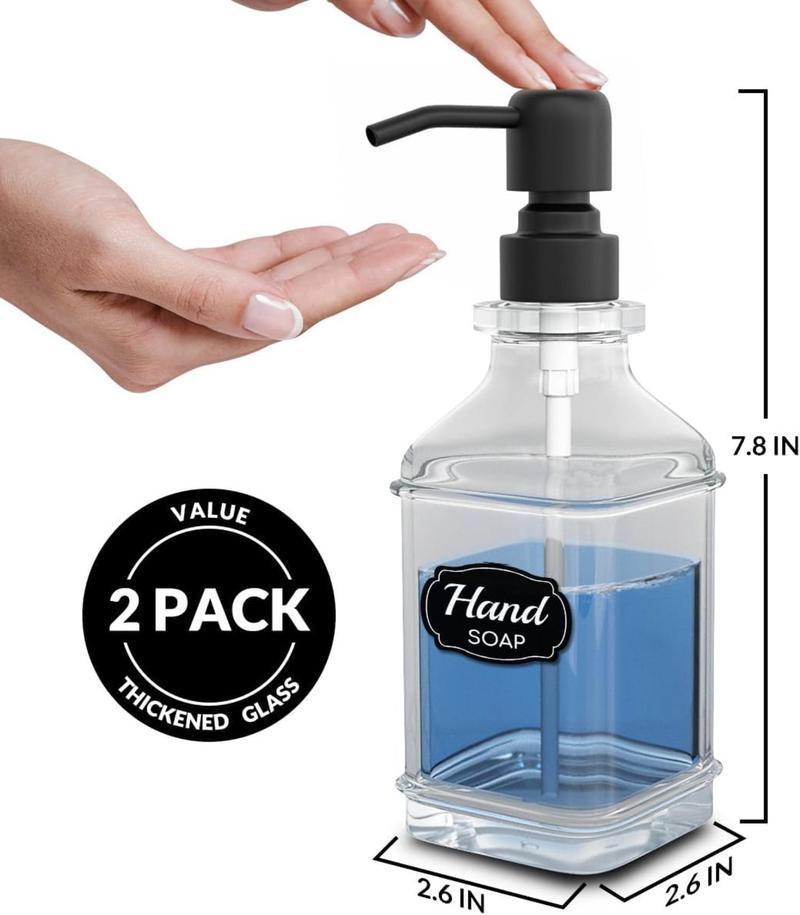 Soap Dispenser Set of 2, Antique Style Heavy Glass Soap Dispensers with Metal Tray, 304 Stainless Steel Black Pump (Rust Proof), 12Pcs Adhesive Labels for Kitchen Bathroom Bathroom Sink