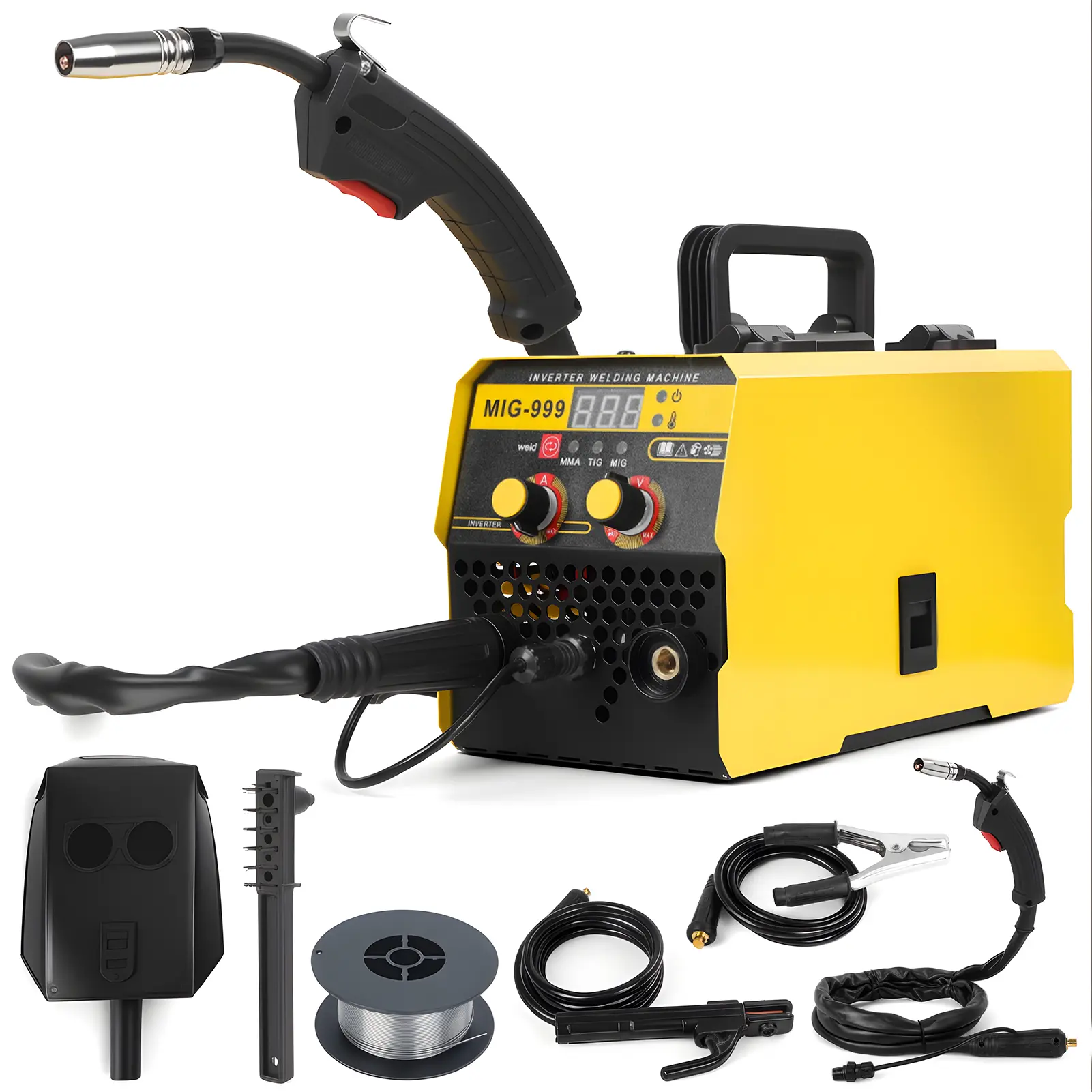 140A 3-in-1 Gasless MIG Welder Machine - 110V/220V Dual Voltage Portable Auto Repair Tool with LED Digital Display, AC Support, Metal Body, Full Kit (1 x Face Guard, Brush, Cables, Pipes & Accessories), 3-In-1 Versatility