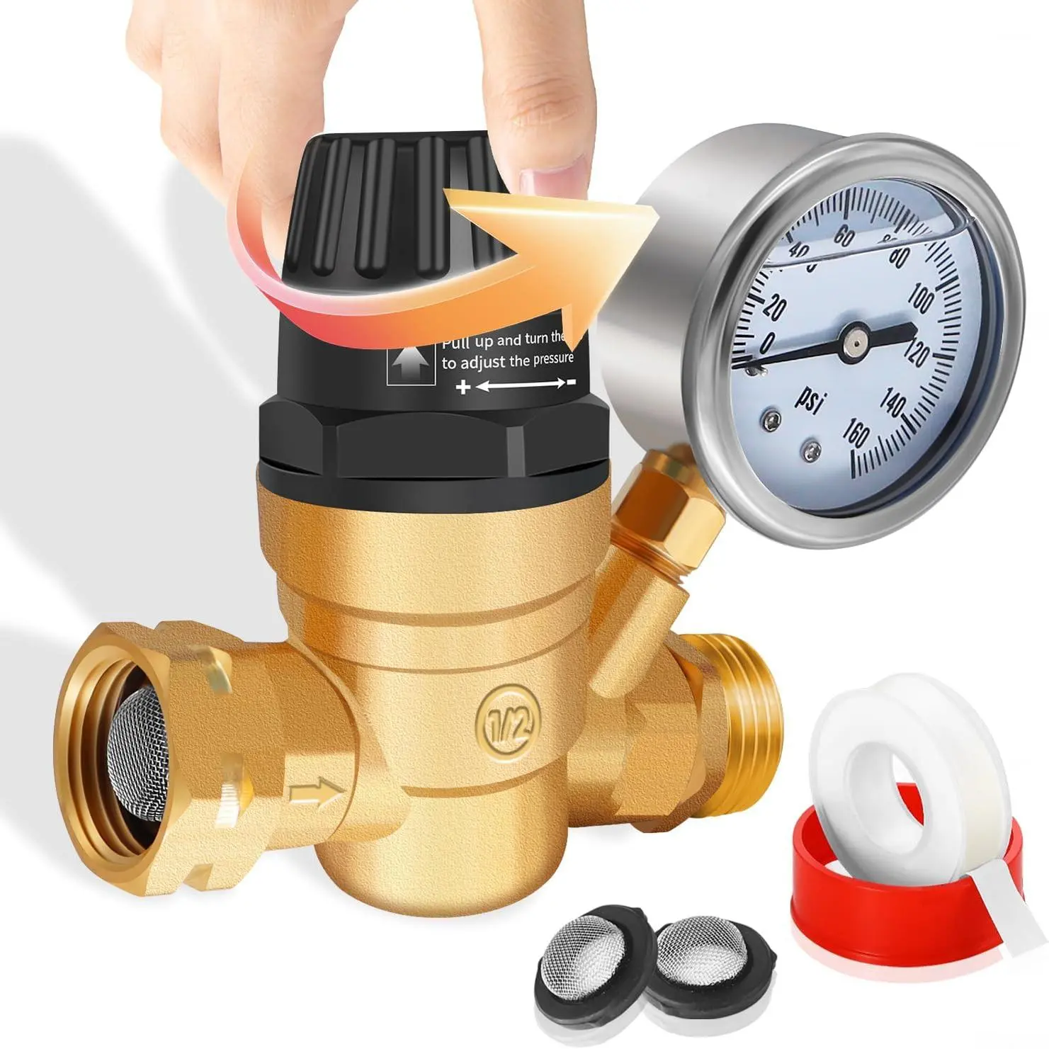 RV Water  Regulator with Gauge, 3/4'' GHT  Brass Fresh Water Hose  Reducer Valve, Adjustable Water  Regulator for RV Camper