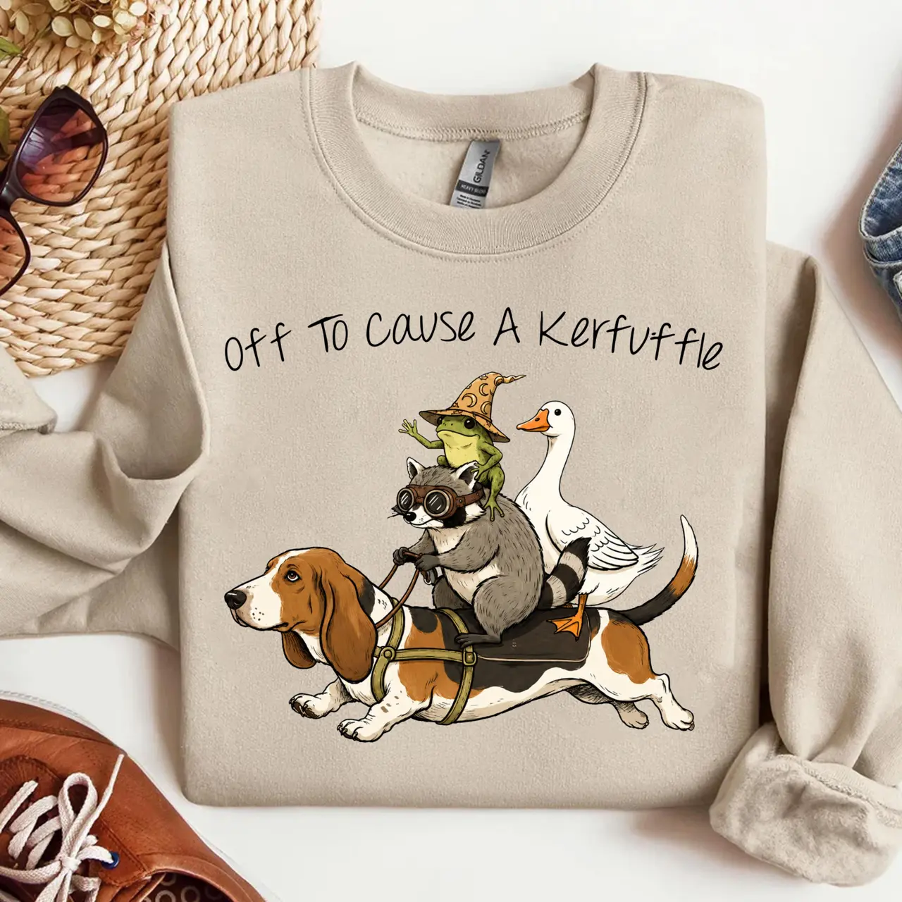 Off To Cause A Kerfuffle Animal Sweatshirt, Funny Basset Hound Raccoon Frog Goose Graphic Sweatshirt shirt, Cute Cottagecore Crewneck, Cozy Unisex Shirt, Animal Lover Gift
