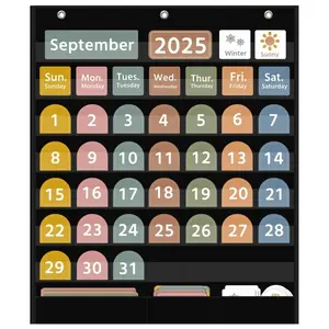 Large Boho Calendar Pocket Chart with 96 Cards for Classroom, Size:32.25 x 24.125 inch Black Monthly Calendar and Weather Pocket Chart for Student Learning for Home or School